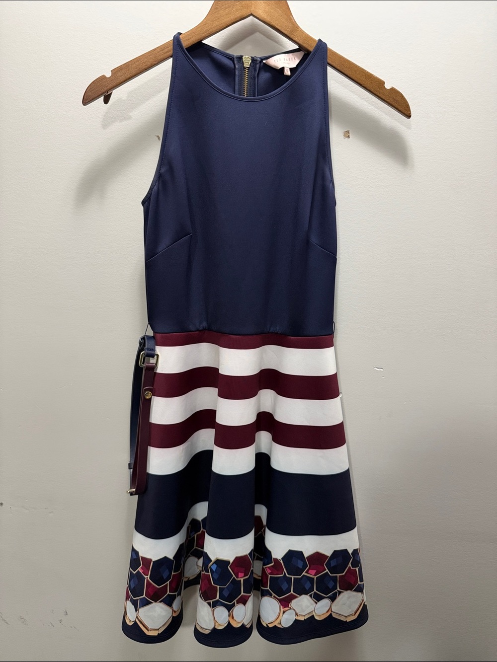 Ted Baker Women Navy and Burgundy Striped Fit-and-Flare Dress Size 0 or 35x16